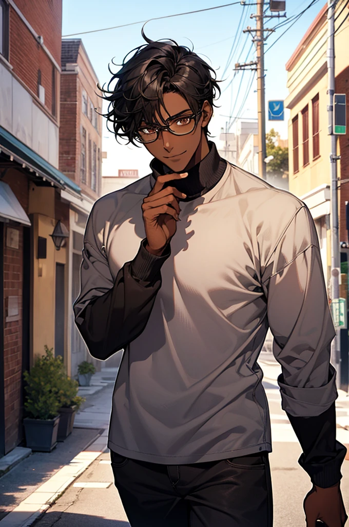 1male, black hair, dark skinned man, very dark skin, brown eyes, black hair, textured hair, casual clothes, glasses, mature face, ikemen, smile, outdoor background, 4k, high resolution, rim lighting