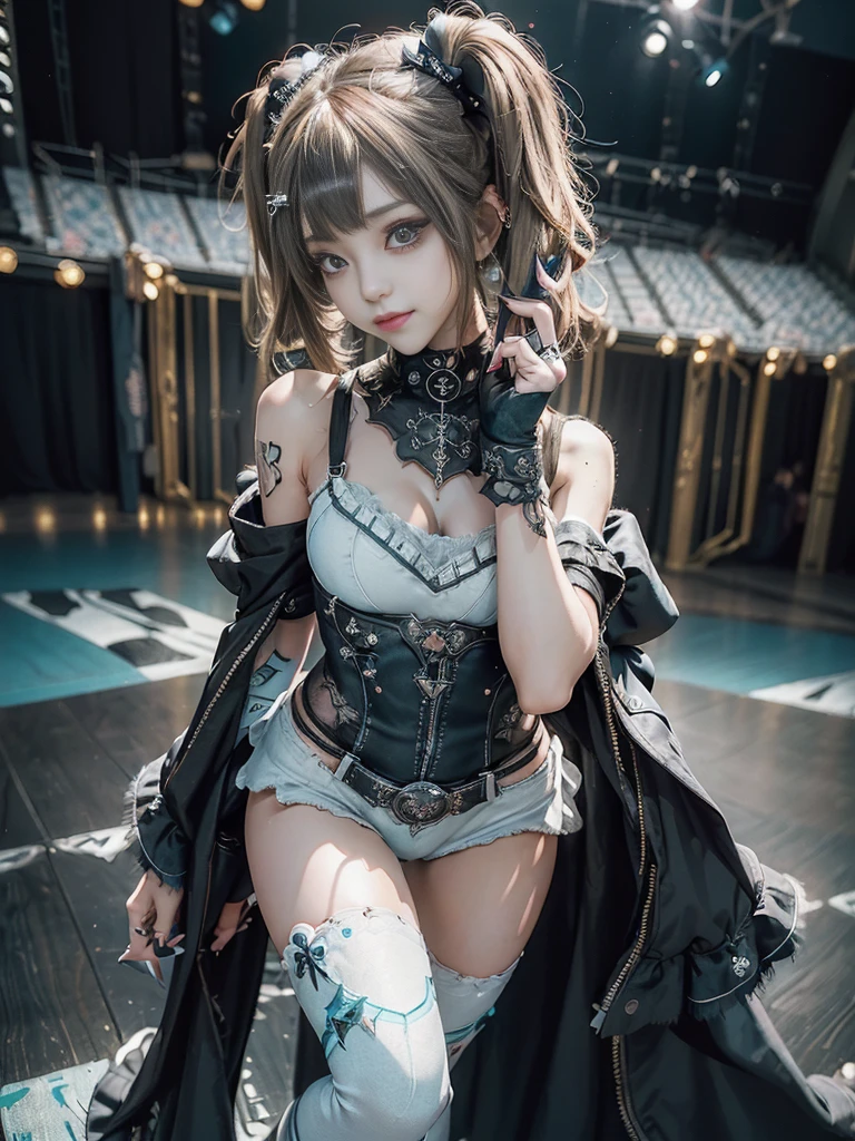 (Full Body View:1.4)、(Side view:1.2)、(Smiling with teeth showing:1.3),(Shibuya Gal:1.5)、(Gothic ta style fashion:1.5)、(Punk RockVisual Kei:1.5)、(Wearing a rhythmic gymnastics bodysuit with intricate details:1.4)、(Cloak de cour with delicate decorations in white, denim and turquoise:1.5)、(Denim with turquoise and white boots:1.3)、((belt))、(Numerous delicate logo marks all over the costume:1.4)、(collar:1.3)、(Striped underwear:1.5)、30 years old、NSFW、((Highest quality、In 8K、masterpiece:1.3))、Sharp focus:1.2、(Layered Cut、Beautiful boobs:1.1),Beautiful woman with perfect figure:1.4、(Doing an aerobics pose:1.3)、Slender Abs:1.2、Highly detailed face and skin texture、Detailed eyes、double eyelid,(Twin tails:1.3)、(Brown-golden hair:1.3)、Gravure idol、(The background is the stage of the fashion show:1.3)、(Slim body:1.3),(Make your legs thinner:1.4),(clavicle:1.1)、(Thin thighs:1.2)