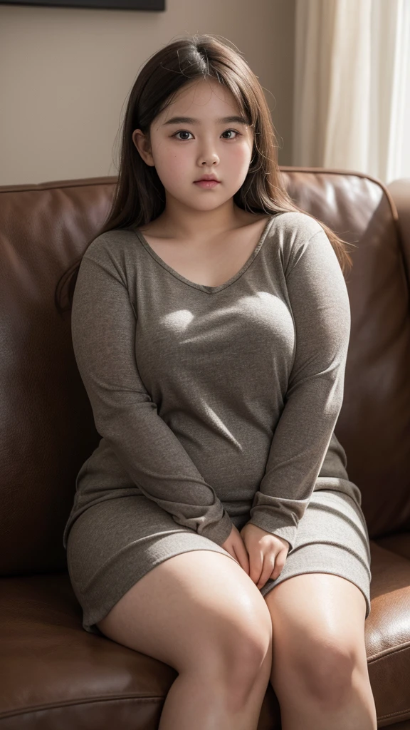 a obese girl, chubby cheeks, round face, double chin, thick arms and legs, wearing a , sitting on sofa , realistic, detailed, highly detailed, intricate details, photorealistic, 8k, masterpiece, dramatic shadows, dark moddy collors