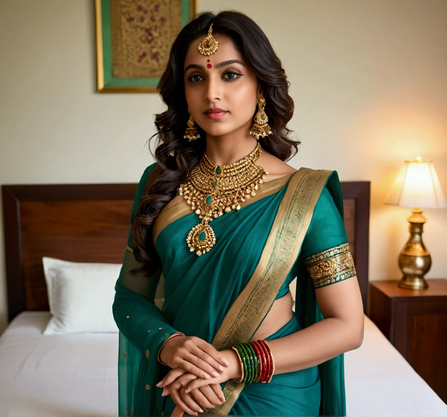 Create a digital figure of an Indian woman standing in a bedroom, accurately representing her body features and attire. She has a curvy figure with a full bust and prominent hips. She is dressed in a traditional teal saree with a black and gold border, draped elegantly with the pallu over her left shoulder, showcasing her figure. Her saree is fitted around her waist, accentuating her curves, and the lower part of the saree drapes over her prominent hips and buttocks, revealing her hourglass shape.She has dark, wavy hair parted in the middle, adorned with a small green bindi on her forehead. Her makeup is subtle, highlighting her natural features with a hint of blush and deep red lipstick. She is wearing gold earrings, a matching necklace, and multiple green and gold bangles on both wrists. Additionally, she has a traditional gold armlet on her upper right arm, decorated with small red and green stones. Her left hand is resting under her chin, displaying her delicate, manicured fingers.Her skin is a warm, rich tone, and she exudes confidence and grace. The background features a cozy, well-lit bedroom with light streaming in from a large window behind her. The room is decorated with wooden furniture, including a bed with white linens and a nightstand with a vase of flowers. The overall atmosphere is warm and inviting, complementing the woman's traditional attire and graceful pose."
