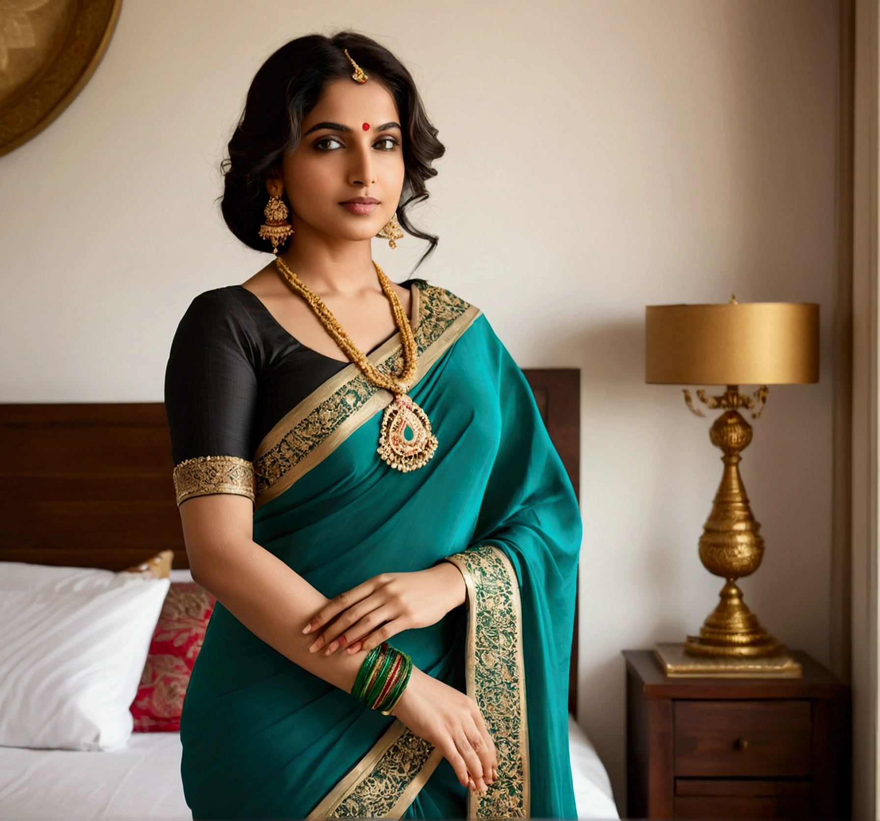 Create a digital figure of an Indian woman standing in a bedroom, accurately representing her body features and attire. She has a curvy figure with a full bust and prominent hips. She is dressed in a traditional teal saree with a black and gold border, draped elegantly with the pallu over her left shoulder, showcasing her figure. Her saree is fitted around her waist, accentuating her curves, and the lower part of the saree drapes over her prominent hips and buttocks, revealing her hourglass shape.She has dark, wavy hair parted in the middle, adorned with a small green bindi on her forehead. Her makeup is subtle, highlighting her natural features with a hint of blush and deep red lipstick. She is wearing gold earrings, a matching necklace, and multiple green and gold bangles on both wrists. Additionally, she has a traditional gold armlet on her upper right arm, decorated with small red and green stones. Her left hand is resting under her chin, displaying her delicate, manicured fingers.Her skin is a warm, rich tone, and she exudes confidence and grace. The background features a cozy, well-lit bedroom with light streaming in from a large window behind her. The room is decorated with wooden furniture, including a bed with white linens and a nightstand with a vase of flowers. The overall atmosphere is warm and inviting, complementing the woman's traditional attire and graceful pose."