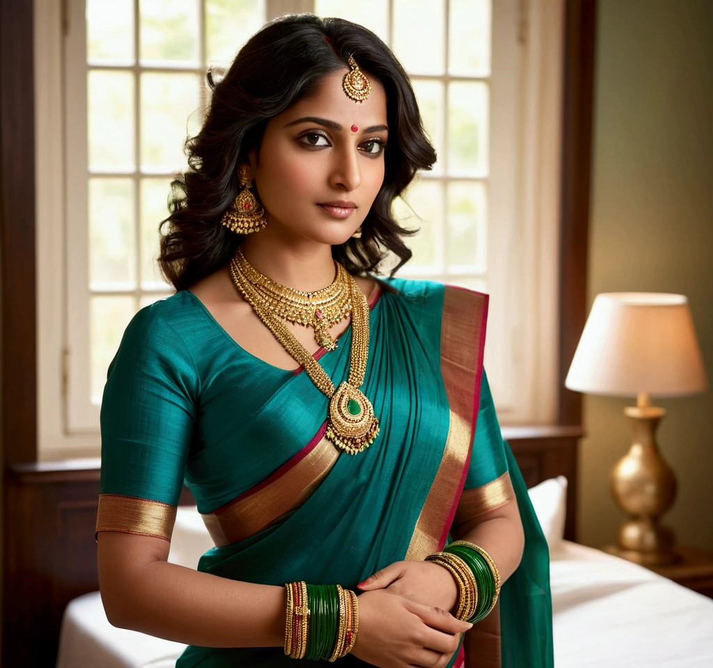 Create a digital figure of an Indian woman standing in a bedroom, accurately representing her body features and attire. She has a curvy figure with a full bust and prominent hips. She is dressed in a traditional teal saree with a black and gold border, draped elegantly with the pallu over her left shoulder, showcasing her figure. Her saree is fitted around her waist, accentuating her curves, and the lower part of the saree drapes over her prominent hips and buttocks, revealing her hourglass shape.She has dark, wavy hair parted in the middle, adorned with a small green bindi on her forehead. Her makeup is subtle, highlighting her natural features with a hint of blush and deep red lipstick. She is wearing gold earrings, a matching necklace, and multiple green and gold bangles on both wrists. Additionally, she has a traditional gold armlet on her upper right arm, decorated with small red and green stones. Her left hand is resting under her chin, displaying her delicate, manicured fingers.Her skin is a warm, rich tone, and she exudes confidence and grace. The background features a cozy, well-lit bedroom with light streaming in from a large window behind her. The room is decorated with wooden furniture, including a bed with white linens and a nightstand with a vase of flowers. The overall atmosphere is warm and inviting, complementing the woman's traditional attire and graceful pose."