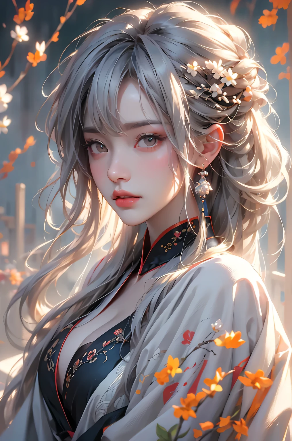 super high quality, masterpiece, Perfect illustration, Very detailed (Exquisite light and shadow, Very dramatic photo,Backlight) , ((Gray Hair:1.5))1 Girl,(( alone:1.6)), (Wearing Han clothes, Black and white Hanfu,Monotony,Long sleeve) Flower Field, Flowers, (White smoke:1.3) (Realistic:1.4), Zen Intertwining, Tangled, Official Art, unity 8k wallpaper, Very detailed, Beautiful and beautiful, masterpiece, Highest quality, (Dynamic Angle: 1.4), Glowing Skin, (Floating colorful flashes: 1) The most beautiful chaotic shapes, elegant, Brutalist Design, Bright colors, Romantic Depth of Field Exotic_dance, half_naked、（Separate sleeves:1.4, Expose your shoulders、Ample breasts、Beautiful cleavage、Distant valley）.((from diagonally forward)).((The action of tucking hair behind the ear))
