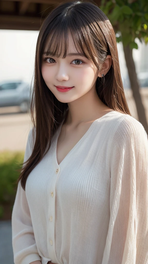 masterpiece, best quality, illustration, ultra-detailed, finely detailed, high resolution, 8K wallpaper, perfect dynamic composition, beautiful detailed eyes, summer blouse setup clothes, medium hair, small breasts, natural color lips, bold sexy poses, smile, Harajuku, 18 years old girl, cute, sexy shot, looking at camera