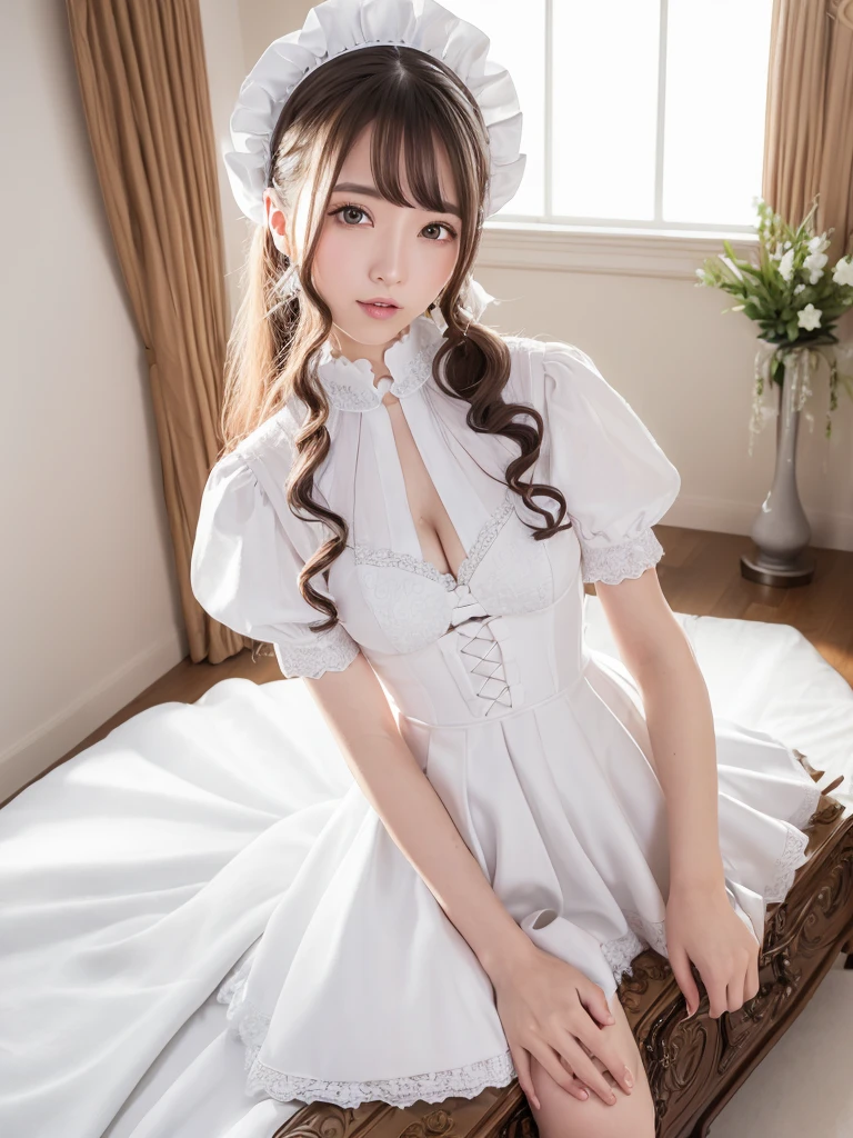 (Highest quality:1.9)、(High resolution)、Live-action image quality、((20-year-old woman、1 person))、Soft lighting by a professional photographer、Natural light、((Very spacious white luxurious room:1.6))、((Bright white room:1.6))、(Standing in front of a very luxurious white bed:1.2)、(White bookshelf background:1.1)、Natural soft light、((Black Hair Color:1.1))、Fair skin、Detailed Eyes、double eyelid、Slightly puffy cheeks、((Small Face:1.0))、(maid_cosplay, breasts, puffy short sleeves, puffy sleeves, short sleeves, maid headdress, chain, frills, white gloves, cowboy shot, large breasts, pointy hair, gloves,gothic, gothic maid)、(Cute Smile)、((Girly pose 1.8))、((Long curly hair:1.1))、((Full Body Shot:1.2))、((Height: 165cm))、Hands in front、Hold hands between legs、