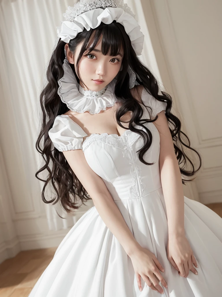 (Highest quality:1.9)、(High resolution)、Live-action image quality、((20-year-old woman、1 person))、Soft lighting by a professional photographer、Natural light、((Very spacious white luxurious room:1.6))、((Bright white room:1.6))、(Standing in front of a very luxurious white bed:1.2)、(White bookshelf background:1.1)、Natural soft light、((Black Hair Color:1.1))、Fair skin、Detailed Eyes、double eyelid、Slightly puffy cheeks、((Small Face:1.0))、(maid_cosplay, breasts, puffy short sleeves, puffy sleeves, short sleeves, maid headdress, chain, frills, white gloves, cowboy shot, large breasts, pointy hair, gloves,gothic, gothic maid)、(Cute Smile)、((Girly pose 1.8))、((Long curly hair:1.1))、((Full Body Shot:1.2))、((Height: 165cm))、Hands in front、Hold hands between legs、