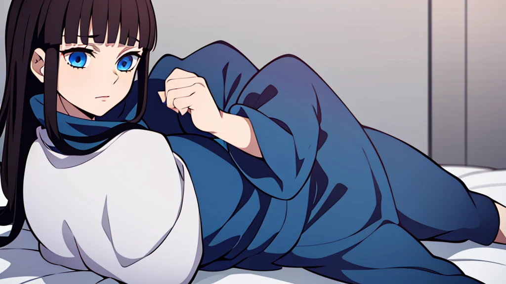 1 girl, blue eyes, long dark brown hair, bangs, kimetsu no yaiba style