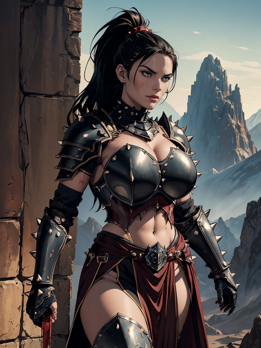 (masterpiece, top quality, best quality, official art, beautiful and aesthetic:1.2), (1girl:1.3), ((Sharp facial features, sharp features, hawkish features)), ((big hair, long black hair, ponytail)), big tiddy chaos warrior girl, extremely detailed, portrait, looking at viewer, solo, (full body:0.6), detailed background, full-body shot, (hot desert mountain theme:1.1), chaos warrior, (spiky helmet), charlatan, smirk, mysterious, swaying in mountains, armor, red metal, brass trim, long boots, dual axes, blood red fabric, pelvic curtain, loincloth, black leather, ((((spiky armor, heavy armor, blood, armored, gigantic , long legs, pelvic curtain, toned, muscular)))), cute belly button,ed tummy, slim waist, slim hips, long legs, medieval (mountain exterior:1.1) background, dark mysterious lighting, shadows, magical atmosphere, dutch angle