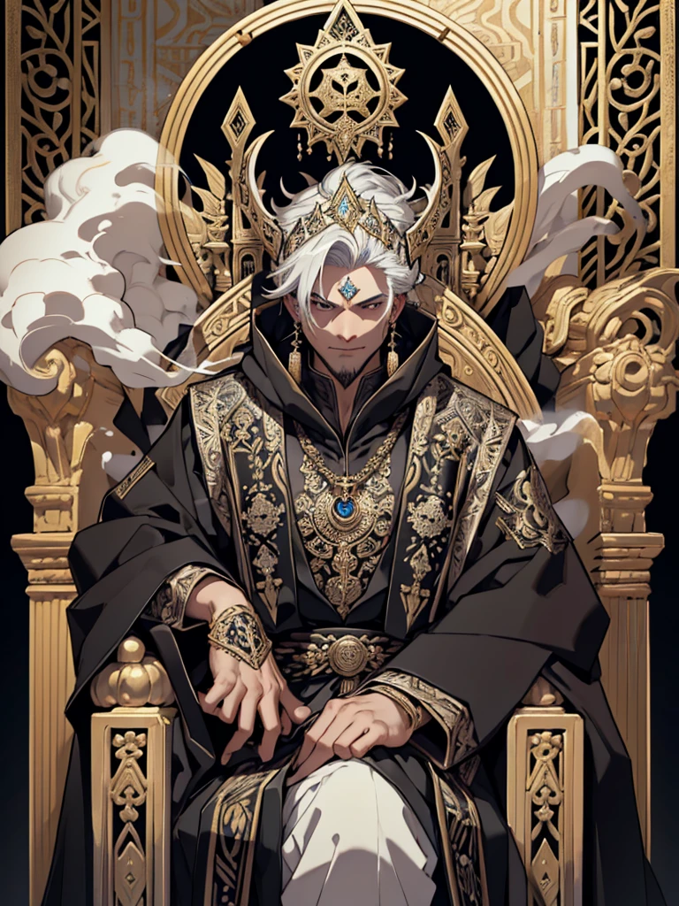 A white-haired man sat on a throne, wearing a black robe covered in intricate gold and silver decoration, with motifs of ancient symbols representing power and wisdom. His face was covered by an elegant mask with a design depicting the face of an invincible ancient god. mysterious smoke background.