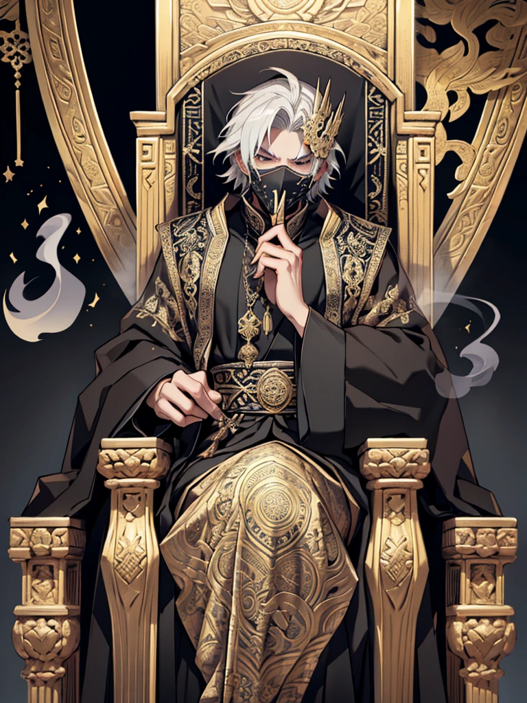 A white-haired man sat on a throne, wearing a black robe covered in intricate gold and silver decoration, with motifs of ancient symbols representing power and wisdom. His face was covered by an elegant mask with a design depicting the face of an invincible ancient god. mysterious smoke background.