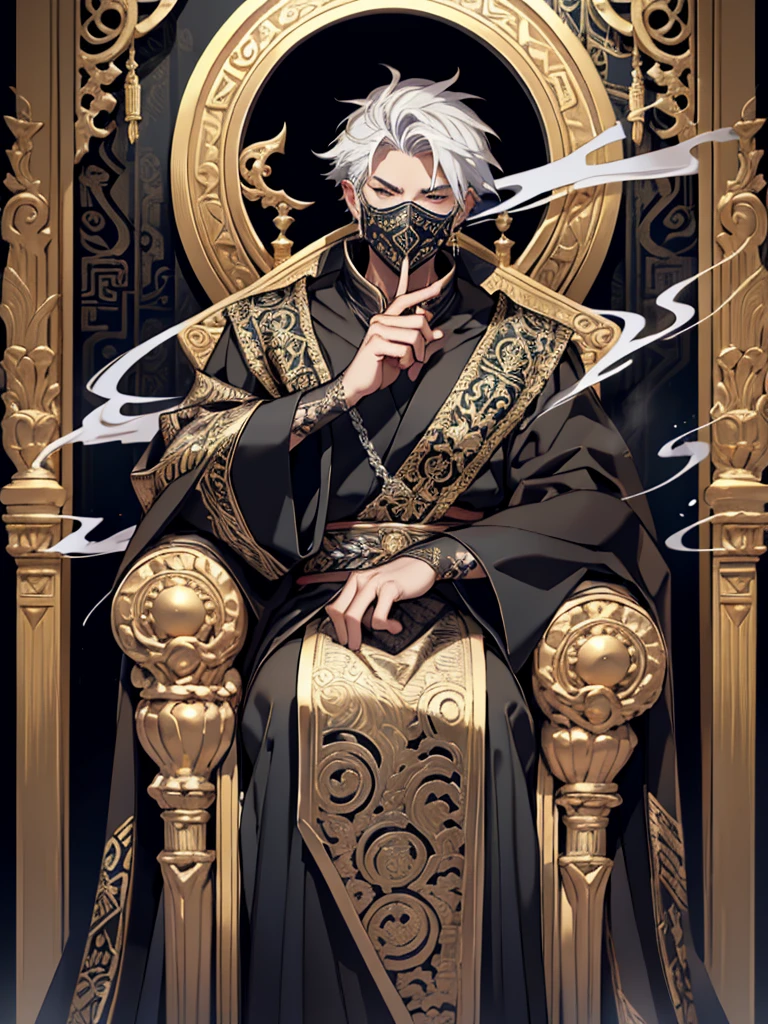 A white-haired man sat on a throne, wearing a black robe covered in intricate gold and silver decoration, with motifs of ancient symbols representing power and wisdom. His face was covered by an elegant mask with a design depicting the face of an invincible ancient god. mysterious smoke background.