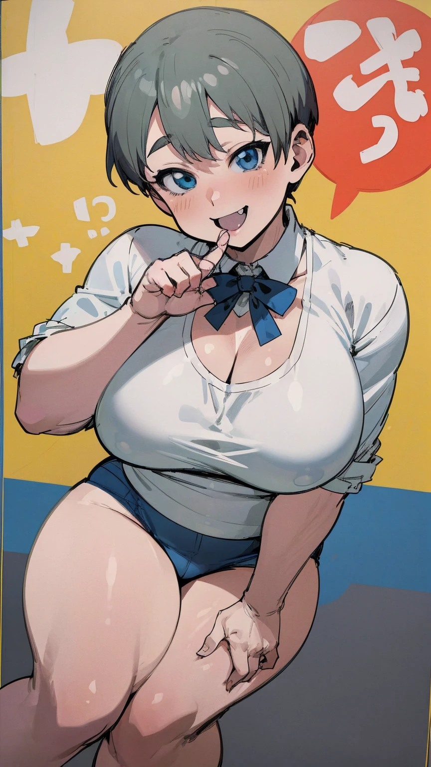 masterpiece, best quality, ultra-detailed, Potrait of beautiful , (chubby) (muscular), (plump), (sexly), (cleavage), (Breasts), (Plump), ((very short hair)), ((Uzaki Hana)), (overweight), (Gray Hair), ((Saggy breasts)), (blue eyes), (Short Hair), (blue eyes), ((thick)), (school uniform), (fullbody), (naughty smile), (Canine teeth visible)