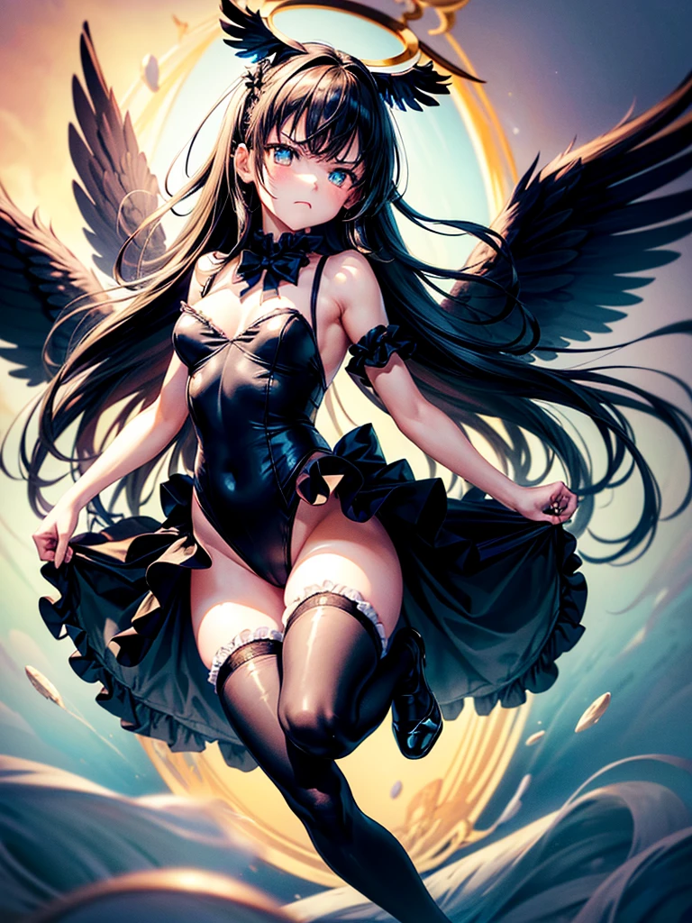 Highest quality,Highest Resolution,Beautiful girl with angry face in maid leotard,Frills,High leg,(((Floating in the air))),Halo,universe,Milky Way,Very beautiful eyes,(((Black angel wings on the back))),whole body,front,long hair,Shoot a bow,Knee-high stockings,Floating in the air,