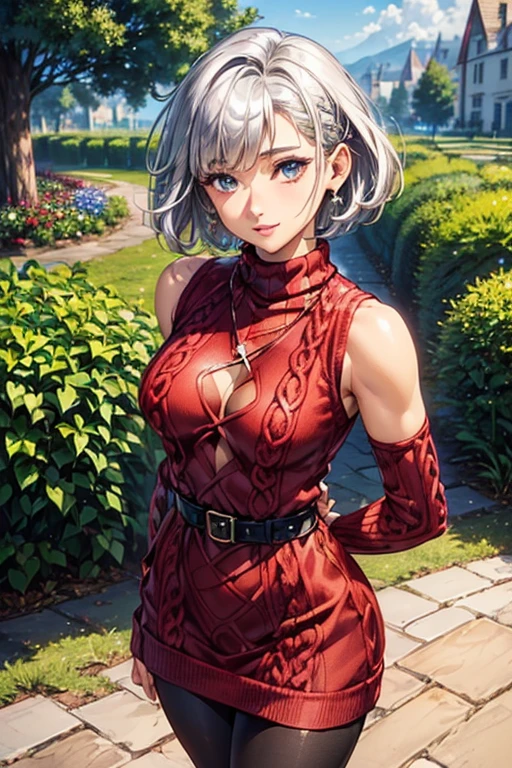 #Basics A girl is posing for a photo, animeのかわいい女の子, (((One Girl, , Young girs old))),
Bhing Accessories
((Red knit sweater dress:1.4) : High neck sleeveless + Tight fit at the waist with a black belt + Shiny and sheer black pantyhose, Lace-up boots),
Red gemstone earrings, fancy silver necklace,
BREAK
#Features
((Silver Hair)), Curly hair, (Pixie Cut Hair : Very short hair + Hair curled outside + Thin Hair),
(Droopy eyes, blue eyes), (Small breasts), (Brown skin:1.4
BREAK
#background environment
(noon、(Stone path lit by sunlight, garden, A rural townscape can be seen in the background.)),
#Facial Expression Pose
((Wicked Smile), (A powerful walking pose with arms naturally hanging down at the sides)),
#composition
((Face the camera, Cowboy Shot)),
BREAK
#Body parts elements
(Detailed hair, Beautiful Hair, Shiny Hair),
(double eyelid, Long eyelashes),
(Expression of fine eyes, Beautiful and delicate eyes, Sparkling eyes, Eye Reflexes, Glitter Eyeliner),
(Human Ear),
(Beautiful Nose, Thin Nose),
(Glossy lips, Beautiful Lips, Thick lips, Glossy Lips, Natural Cheeks),
(Detailed face, Symmetrical facial features),
(Detailed skin, Textured skin, Beautiful Skin, Shiny skin),
BREAK
#Quality
(((Highest quality)), ((masterpiece)), ((Very detailed))), ((High resolution), (16K,1080P)),
(Realistic), (Anatomically correct),
((comics, anime)), (3DCG), CG illustration,