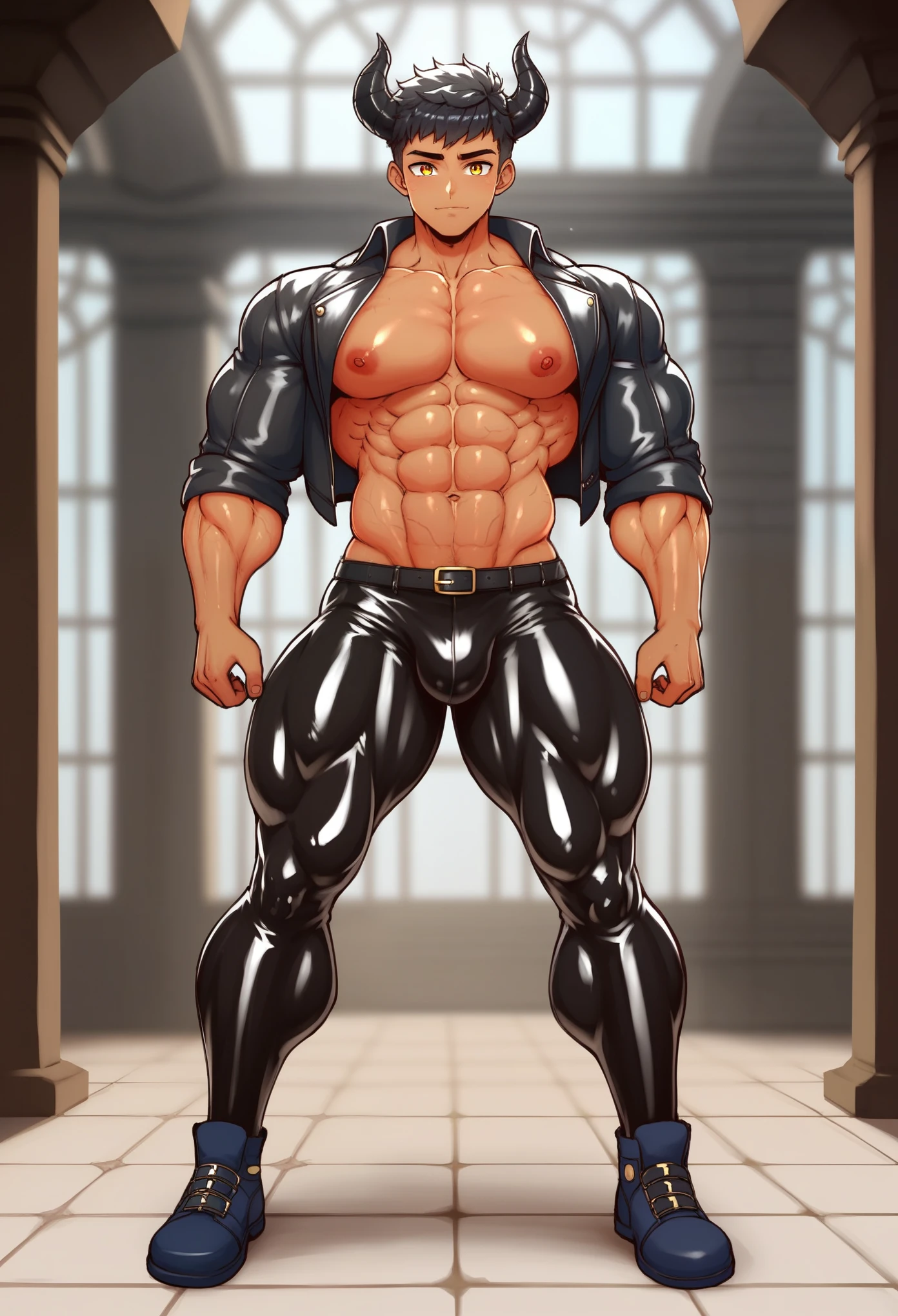 absurdres, highres, ultra detailed, HDR, masterpiece, Ren Zotto, vtuber, black hair, expressive red eyes, demon, black horns, 1man, handsome, black leather jacket, inside a dungeon, cave. A  (Young face) 15 y years old) very attratanding, full body. Mexican ethnicity. tanned skin, short hair bangs that fall on both sides of his youthful face. carefree expression, young man, alone, marked muscles, beautiful musculature, aesthetic stretch marks, inspiring physique, slender muscles, square pecs, beautiful V-cone, excellent abs and torso, chiseled abs, pectorals chiseled, perfect massive muscles, inflated muscles, voluminous pectorals, massive muscular body, a huge gigantic chest with a narrow waist, huge shoulders, ridiculously well-shaped large pecs, eight chiseled abs, (very toned and huge) with his military haircut and voluminous neck, narrow waist, golden eyes, young face, beautiful, young. Teen muscular young bodybuilder withraordinary and firm back, chiseled muscles, rhomboid muscles, latissimus dorsi. Gigachad. He wears a leather jacket (JACKET) that reaches the height of his ribs and is open. (Bare torso) and tight black leather pants, bulge chest, he does not use a belt. He is shirtless under his jacket, which highlights his prominent abs and pectorals. He doesn't wear a belt. His muscles stand out. Ruins of greek temple background. Standing, full body. (((black latex pants))) (((Exposed muscular torso. Open jacket.)))