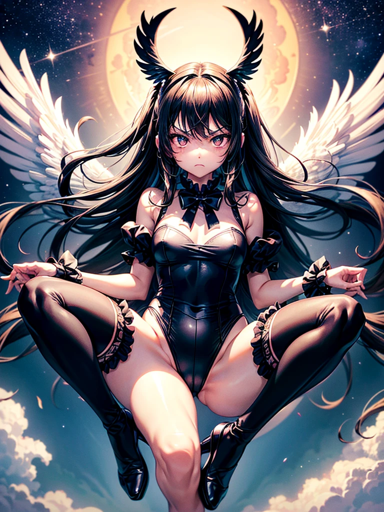 Highest quality,Highest Resolution,Beautiful girl with angry face in maid leotard,Frills,High leg,(((Floating in the air))),Halo,universe,Milky Way,Very beautiful eyes,(((Black angel wings on the back))),whole body,front,long hair,Shoot a bow,Knee-high stockings,Floating in the air,