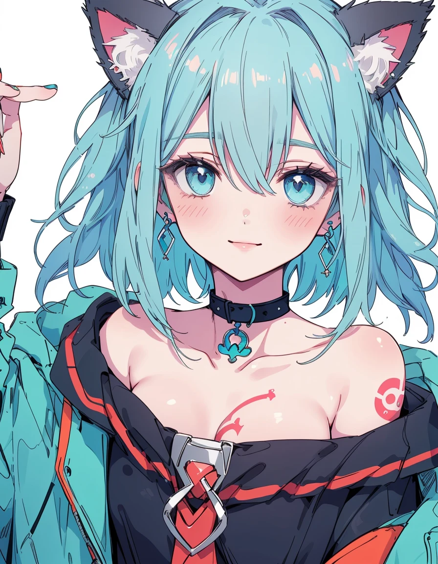 tattoo, whole body, blush, smile, ((masterpiece, Highest quality:1.5)), ((Beautiful and detailed cat aqua eyes:1.2)), Cat ear, Pale skin, Medium chest, Easy Negative