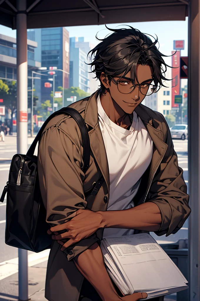 1male, black hair, dark skinned man, very dark skin, brown eyes, black hair, textured hair, cool and casual clothes, glasses, mature face, ikemen, smile, outdoor background, 4k, high resolution, rim lighting