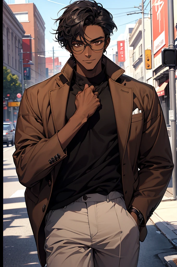 1male, black hair, dark skinned man, very dark skin, brown eyes, black hair, textured hair, cool and casual clothes, glasses, mature face, ikemen, smile, outdoor background, 4k, high resolution, rim lighting