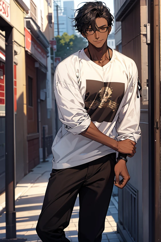 1male, black hair, dark skinned man, very dark skin, brown eyes, black hair, textured hair, cool and casual clothes, glasses, mature face, ikemen, smile, outdoor background, 4k, high resolution, rim lighting