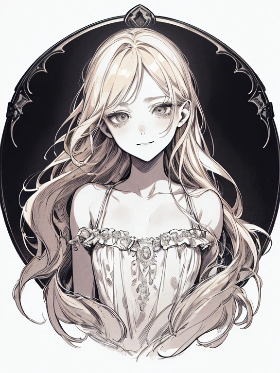 Highest quality, (Background details), High Contrast, so beautiful , Detailed original illustrations,very small stature、Baby Face、Villain、Fairy, Wavy platinum blonde hair、 Delicate face,  Spoiled brat、White sundress、Real breasts, Flat Chest、Crazy Smile, Crazy Eyes, Black background, (Black background: 1. 5), Beautiful line art, Monochrome