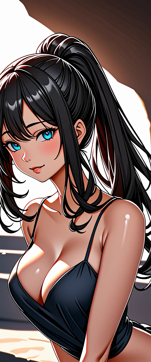 Photos of women with natural skin, Seaside Cave, Shining, Upper Body, Smile, High Ponytail, Black hair with red mesh, Use red eyeshadow to create sharp eyes, Blue-green eyes, Shining eyes, Thin, with an upturned nose, Beautifully shaped lips, Large Breasts, ((Black off-shoulder dress, Spaghetti straps)), barefoot, cosmetic, Carefully crafted,Attention to detail, Energetic, Astonishing, Smooth, Movie, 4K, Backlight, (()), Shallow depth of field, ((Delicate eyes:1.3, Delicate lips:1.3, high quality, )), masterpiece, Ultra-detailed images, high quality