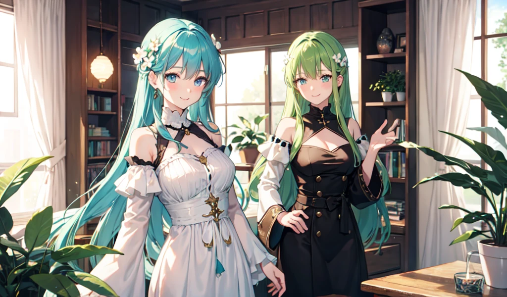 Draw a single woman. Create a high-quality anime image of a beautiful female character with long, flowing aqua-green hair adorned with white flowers. She has large, sparkling blue eyes and a gentle smile with a slight blush on her cheeks. The character wears a stylish black outfit with intricate details, including black ruffled sleeves and a cross-strap design on the back. A pink ribbon and a golden heart accentuate her waist. She is looking towards you, winking and smiling very much.

The setting is a bright, cozy room with sunlight streaming in from the ceiling giving the character a warm glow. The background includes a small bookshelf, green plants and other elements that contribute to a calm, inviting atmosphere.

The overall atmosphere of the image should be bright and a little flirty, highlighting the character's charm and attractive personality.　arched back