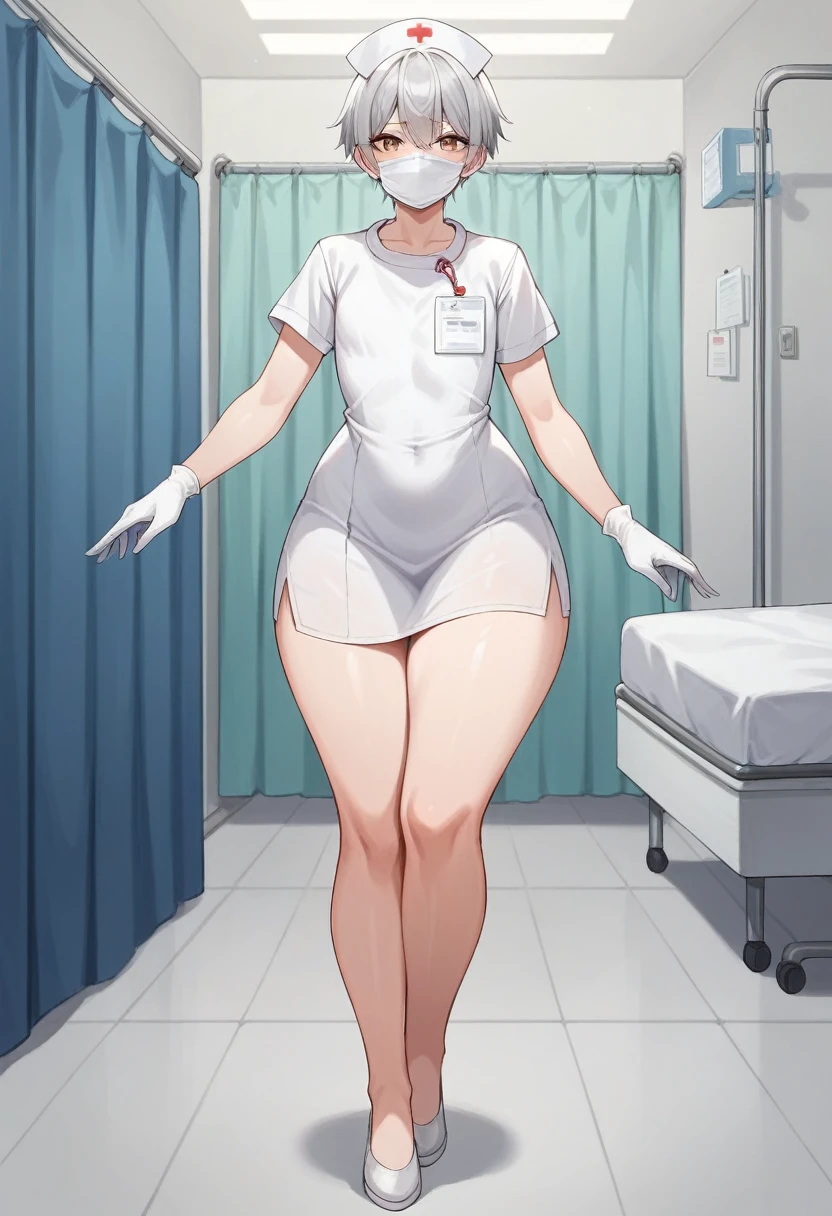 1woman, solo, nurse, nurse cap, white gloves, very short hair, silver hair, ((white surgical mask, covered nose)), standing upright, ((hospital room)), sharp outline, short sleeves, tomboy, boyish, flat chest, very thick thighs, very large thighs, wide hips, very thick legs, thick thighs pressed together, small white slip on flats shoes on her feet, full body shown, best quality, masterpiece