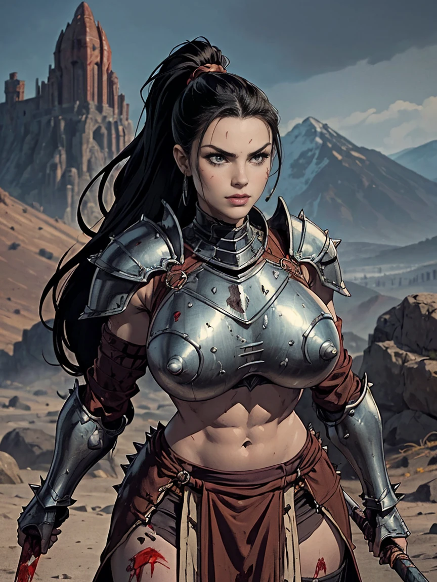 (masterpiece, top quality, best quality, official art, beautiful and aesthetic:1.2), (1girl:1.3), ((Sharp facial features, sharp features, hawkish features)), ((pale skin, orange eyes, big hair, long black hair, ponytail)), big tiddy chaos warrior girl, extremely detailed, portrait, looking at viewer, solo, (full body:0.6), detailed background, full-body shot, (hot desert mountain theme:1.1), chaos warrior, (spiky helmet), charlatan, smirk, mysterious, swaying in mountains, armor, red metal, brass trim, long boots, blood red fabric, pelvic curtain, loincloth, black leather, ((((spear, heavy armor, blood, blood splatter, armored, gigantic breasts, long legs, pelvic curtain, toned, muscular)))), cute belly button, toned tummy, slim waist, slim hips, long legs, medieval (mountain exterior:1.1) background, dark mysterious lighting, shadows, magical atmosphere, dutch angle