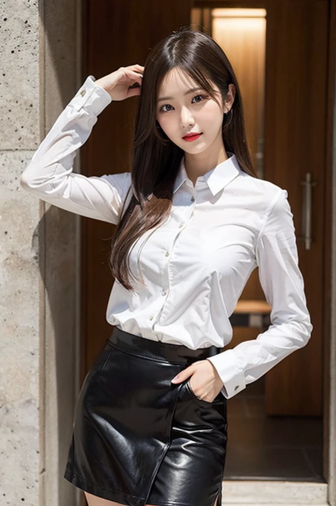 a woman in a white uniform posing for a picture with a white half sleeve shirt and tight skirt on