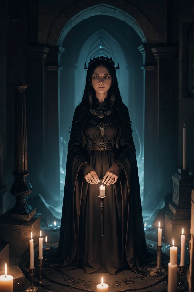 In a dark, candlelit chamber filled with ancient tomes and eerie symbols, a young woman stands before a ritual circle inscribed with necromantic runes. Her face is pale with determination and grief as she clutches a worn spellbook in one hand and a blackened, bone wand in the other. Shadows flicker on the walls, cast by the ghostly blue flames of the candles. Her parents' lifeless bodies lie within the circle, surrounded by offerings and relics of death. As she begins to chant the incantation, dark energy swirls around her, and the air grows heavy with the smell of decay. The atmosphere is tense with the possibility of her success, and the unknown consequences of meddling with such forbidden magic.