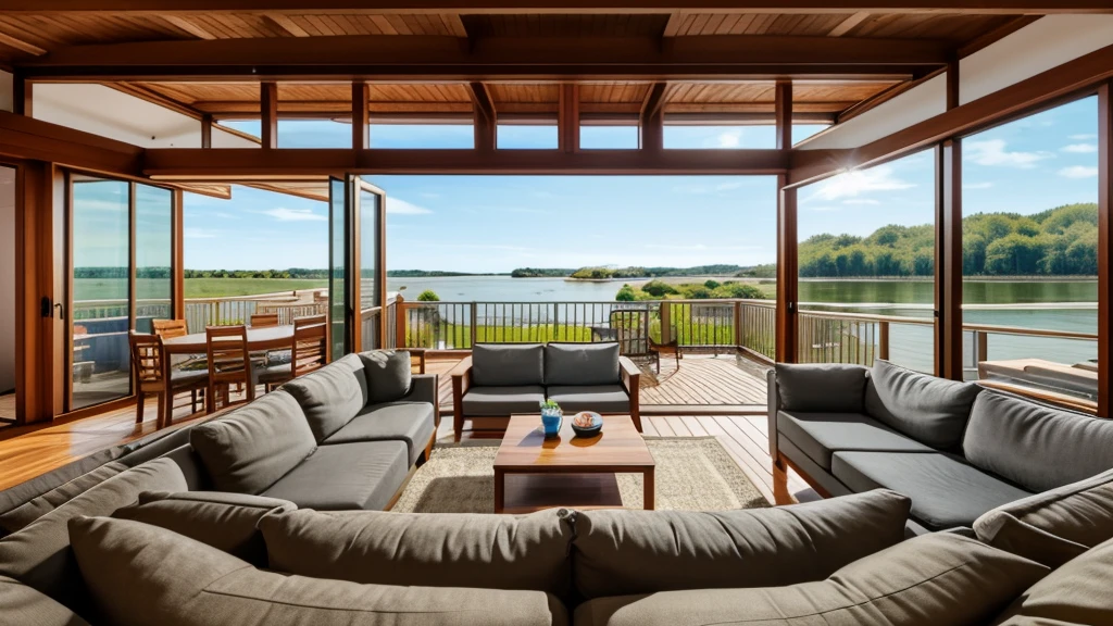 one-Storey small house by the pond, 1 living room with sofa and television and treadmill, 1 bedroom on the right, large balcony stretching on land and water, modern wooden style, one grandfather and one grandmother sitting on the sofa watching television, The shot taken from outside the house on the water, showing the house layout clearly