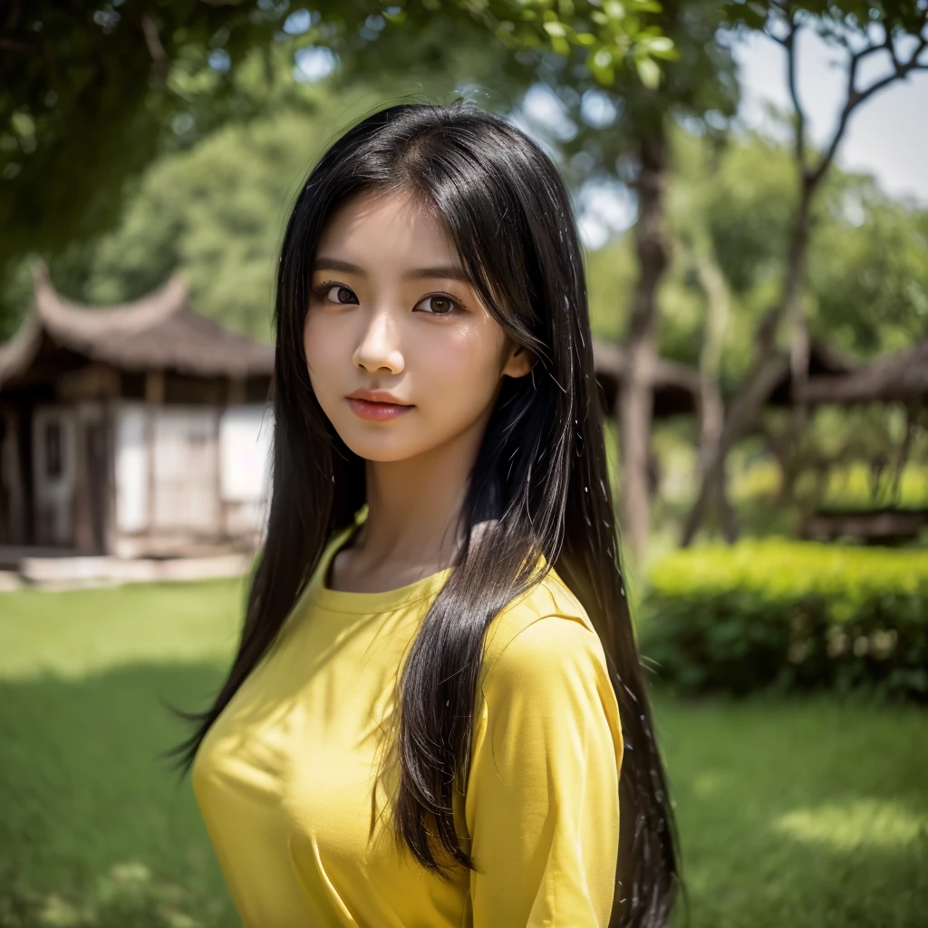 realistic: Open the aperture wide., professional lighting, Sony A7R4, 50 mm sitting lens. 2 ; Warm light, (digital painting, HDR ภาพถ่ายหน้าตรงThai anime, Female anime Araffe 25 30 years old, realistic: Open the aperture wide., professional lighting, Sony A7R4, 50 mm sitting lens. 2 ; Warm light, (digital painting, HDR, high contrast (digital painting, HDR, high contrast),Old jeans torn, bright colored t-shirts, Looking straight at you intently, Long-haired woman with a round face, Red cheeks, Pink cheeks, black eyes ตาสองชั้น, black eyes, Thai anime, Has a large chest size of 38 inches., ponytail woman, flowing black hair, long flowing black hair, she has black hair, Her black hair was long and wavy., beautiful black hair, Extra dark natural black hair, The shirt is tight., Looks hot., ,black eyes,abdominal muscles, rounded chest, outdoor, The background is a rice field., There is an old thatched Thai-style hut in the background., The evening sun shines, beautiful female model, jaw-dropping beauty, realistically,