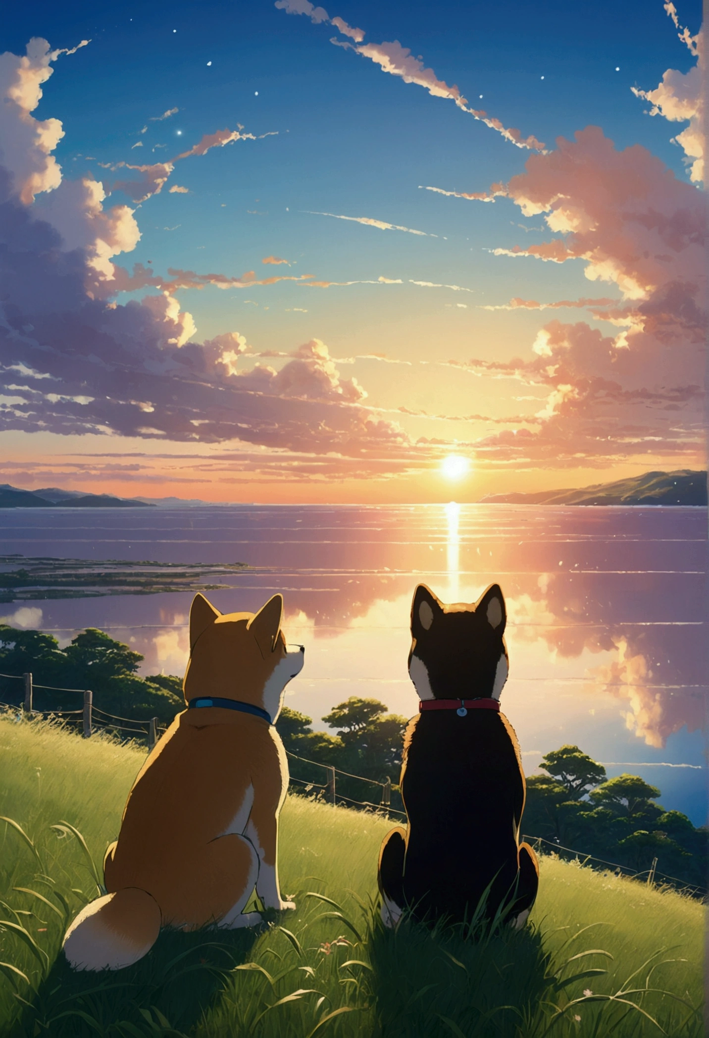 Makoto Shinkai Taste, Beautiful sky, One Shiba Inu puppy ,Romantic Landscape, Healing scenes, Light pours in,hope, Makoto Shinkai Taste,Detailed Description, Sunset, Wide angle,mysterious,