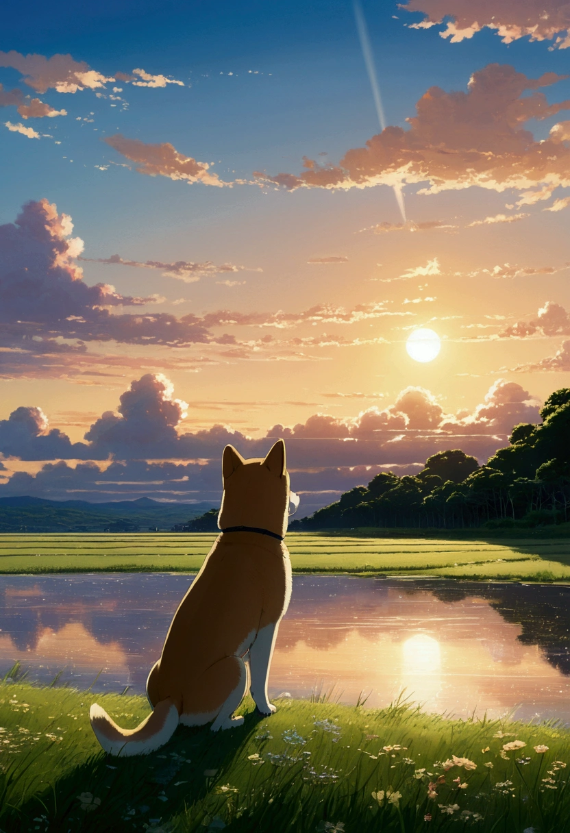 Makoto Shinkai Taste, Beautiful sky, One Shiba Inu puppy ,Romantic Landscape, Healing scenes, Light pours in,hope, Makoto Shinkai Taste,Detailed Description, Sunset, Wide angle,mysterious,