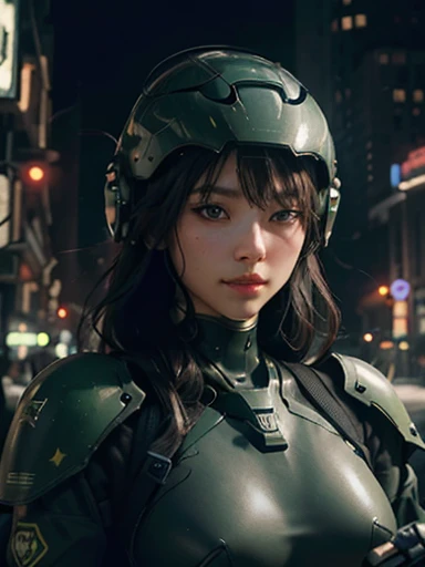 Best image quality, Excellent details, Ultra-high resolution, (realism: 1.4), Best illustrations, Favorite Details, Very condensed one girl, Delicate and beautiful features, Wearing a black and green mech, Wearing a mecha helmet, Hold the directional controller, Riding on motorcycle, The background is a futuristic city high tech lighting scene.