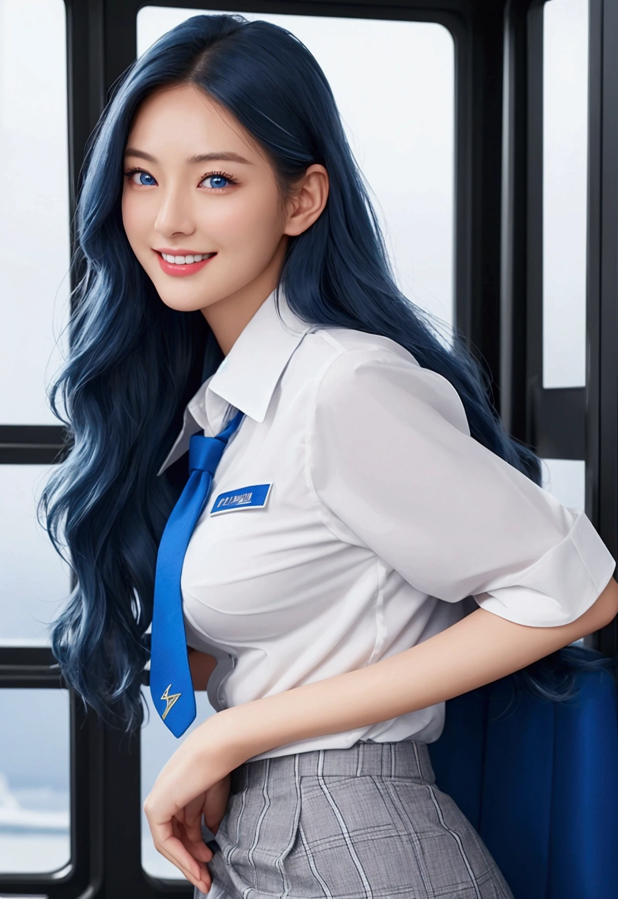 light clothing、formal attire、night景、light、blue eyes、blonde、full body photo、(look to the side),(side shot),sexy face、long straight hair_hair reaching down to waist、 complete appearance、(((masterpiece)))、(perfect breasts),((best quality))、((超realistic))、成熟したfemale、成熟したfemale、aspect、very detailed、smile showing white teeth、Best image quality、Detailed image quality、beautiful、Europe, female, French, female Italian, Italian, The perfect smile、blue eyes、bijouterie, blue eyes, realistic, high resolution, glowing skin, (detailed face),bijouterie, , night, blue hair,blonde, wavy hair,attractive appearance, The perfect smile,(Air hostess),Cabin Attendant,Tight miniskirt,Perfect-fitting white short-sleeved shirt,All buttons on my shirt are undone.,Silk tie,inside the airplane