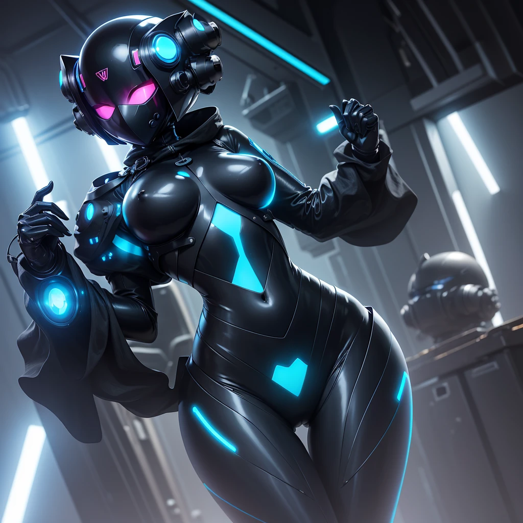 Dronificated unknown woman in a fully enclosed black latex fullbody suit with blue lights across the suit and heart shaped glowing core in the chest, fully enclosed cyber helmet that cover her whole face and hides her identity with only two glowing blue lines in it's otherwise, empty black face, huge breast, narrow waist, wide hips and thick thigs in a storage, no face, no hair, no mouth, no eyes