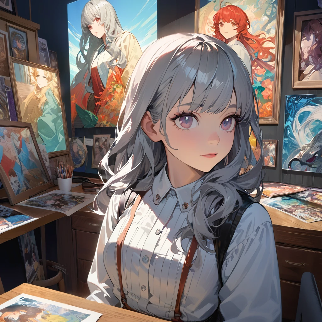 Hyperrealist Female Portrait by David Hockney and Alphonse Mucha,Fantasy art, Photo Real, Dynamic Lighting, Art Station, Poster, Volumetric lighting, Highly detailed face, 4k yen, Awards,, One girl, In the Dark, Deep Shadow, Modest,Cowboy Shot,(Official attire:1.4) ,Long Hair,Gray Hair,