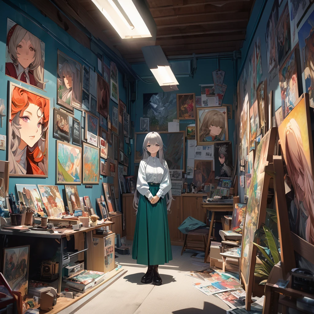 Hyperrealist Female Portrait by David Hockney and Alphonse Mucha,Fantasy art, Photo Real, Dynamic Lighting, Art Station, Poster, Volumetric lighting, Highly detailed face, 4k yen, Awards,, One girl, In the Dark, Deep Shadow, Modest,Cowboy Shot,(Official attire:1.4) ,Long Hair,Gray Hair,