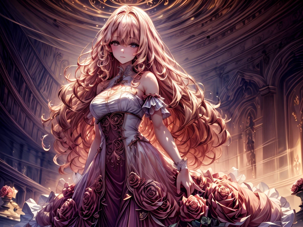 (Highest quality)), ((masterpiece)), ((Very detailed)), (Very delicate and beautiful),(Rose fractal art:1.5),beautiful girl, fine grain,Abstract and mysterious girl, Long blonde hair,Pink Dress, Dreamy swirls of pastel colors and soft light, Evokes a sense of serene serenity and elusive beauty,Attention to detail,Captivating smile,Imaginative,In a room with flowers,Cowboy Shot