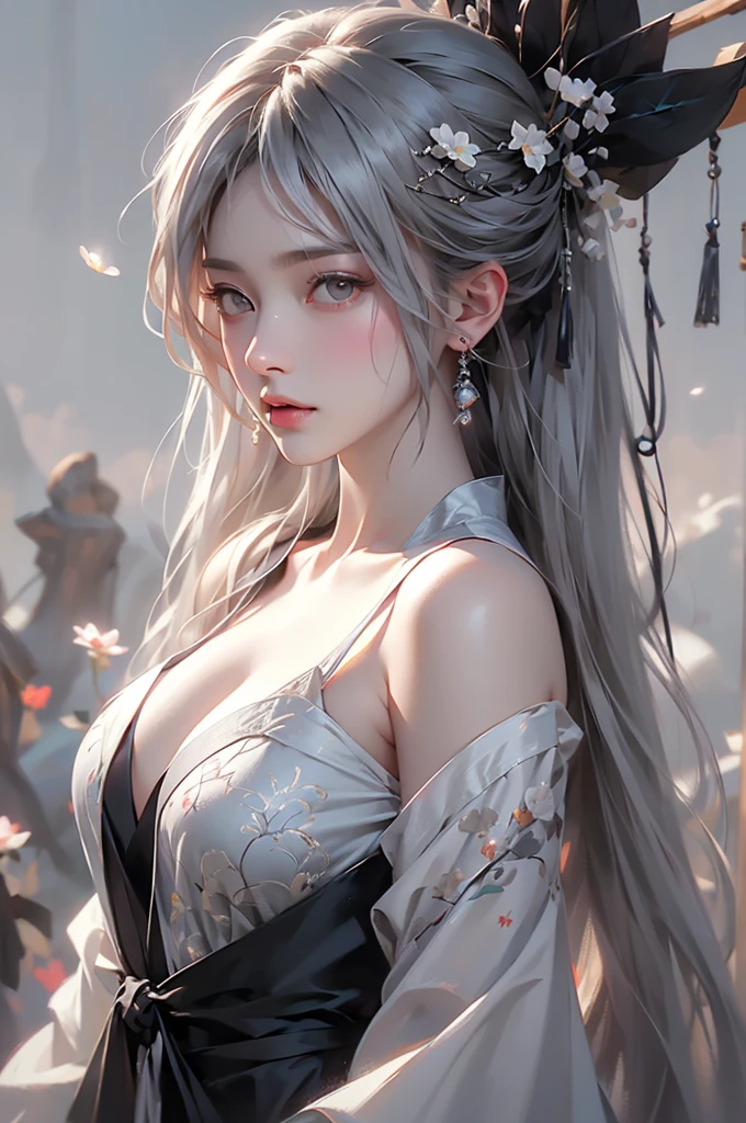 super high quality, masterpiece, Perfect illustration, Very detailed (Exquisite light and shadow, Very dramatic photo,Backlight) , ((Gray Hair:1.5))1 Girl,(( alone:1.6)), (Wearing Han clothes, Black and white Hanfu,Monotony,Long sleeve) Flower Field, Flowers, (White smoke:1.3) (Realistic:1.4), Zen Intertwining, Tangled, Official Art, unity 8k wallpaper, Very detailed, Beautiful and beautiful, masterpiece, Highest quality, (Dynamic Angle: 1.4), Glowing Skin, (Floating colorful flashes: 1) The most beautiful chaotic shapes, elegant, Brutalist Design, Bright colors, Romantic Depth of Field Exotic_dance, half_naked、(Off the shoulder:1.4, Expose your shoulders、Ample breasts、Beautiful cleavage、Distant valley).((from diagonally forward)).((The action of tucking hair behind the ear))