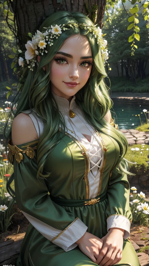 Wallpaper on your phone, better quality, cinematic image, detailed image, fantasy, detailed face, detailed beautiful golden eyes, Beautiful girl, dryad, богиня природы, лесная дева, flowers in hair, high, very long fluffy green hair, long fluffy eyelashes, thick eyebrows, wide hips, playful smile, spring forest, облегающее платье
