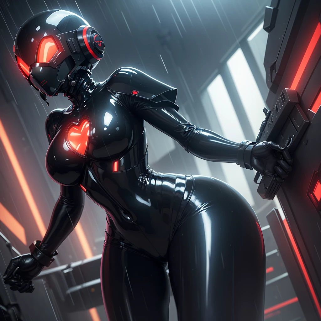 (masterpiece), (best quality), (high res) Solo, (perfect anatomy) Dronificated unknown woman, (fully enclosed black latex fullbody suit), (red lights across the suit), (heart shaped glowing core in the chest), (fully enclosed cyber helmet) that cover her whole face and hides her identity with only two glowing red lines in it's otherwise, empty black face, huge breast, narrow waist, wide hips and thick thighs, (fighting) in a futuristic city, (gun shots), (rain), (night) no face, no hair, no mouth, no eyes