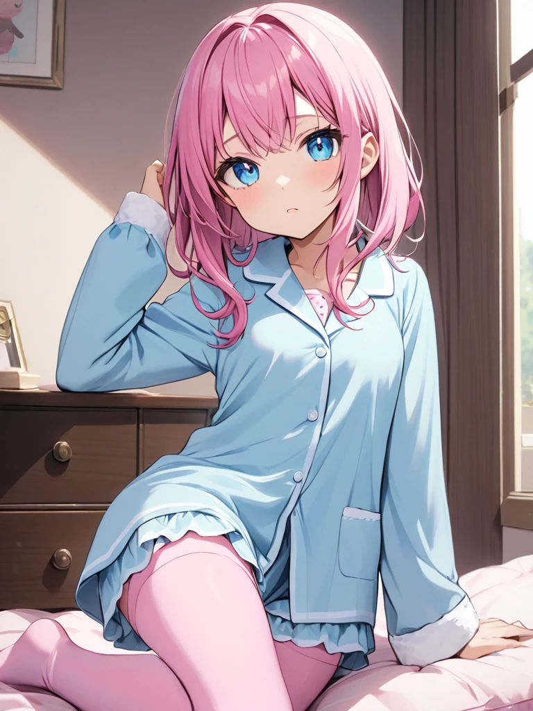 pink hair girl, blue eyes, pajamas, tights, and thigh socks.