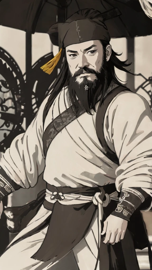 Monochrome,Oriental、Men in ancient Chinese costumes、(ancient chinese hairstyle male)、As seen in the Romance of the Three Kingdoms々military commander、Highest quality、masterpiece、Ultra-high resolution、(Realistic:1.4)、Game Poster、Crisp and beautiful image quality、beard、Embroidered cloth wrapped around a topknot、whole body ,((Skin of color, ),(Heavy Blackbeard):1.2), ( (Very detailed, bloom:1.5), (Highest quality, Concept Art, 4K), (analog:1.2), (high sharpness), (Detailed pupil:1.1), (Painting:1.1), (digital Painting:1.1), Detailed face and eyes, masterpiece, Highest quality, (Very detailed写真:1.1), 8K, photoRealistic, (Black Hair, Dynamic Short Hair), (PurerosFace_v1:0.2), [:(Detailed face:1.2):0.2], sharp, Realistic, Realistic Shadow, 