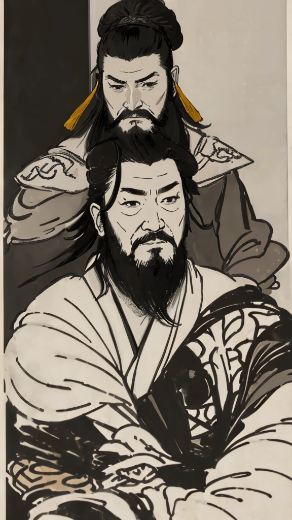 Monochrome,Oriental、Men in ancient Chinese costumes、(ancient chinese hairstyle male)、As seen in the Romance of the Three Kingdoms々military commander、Highest quality、masterpiece、Ultra-high resolution、(Realistic:1.4)、Game Poster、Crisp and beautiful image quality、beard、Embroidered cloth wrapped around a topknot、whole body ,((Skin of color, ),(Heavy Blackbeard):1.2), ( (Very detailed, bloom:1.5), (Highest quality, Concept Art, 4K), (analog:1.2), (high sharpness), (Detailed pupil:1.1), (Painting:1.1), (digital Painting:1.1), Detailed face and eyes, masterpiece, Highest quality, (Very detailed写真:1.1), 8K, photoRealistic, (Black Hair, Dynamic Short Hair), (PurerosFace_v1:0.2), [:(Detailed face:1.2):0.2], sharp, Realistic, Realistic Shadow, 