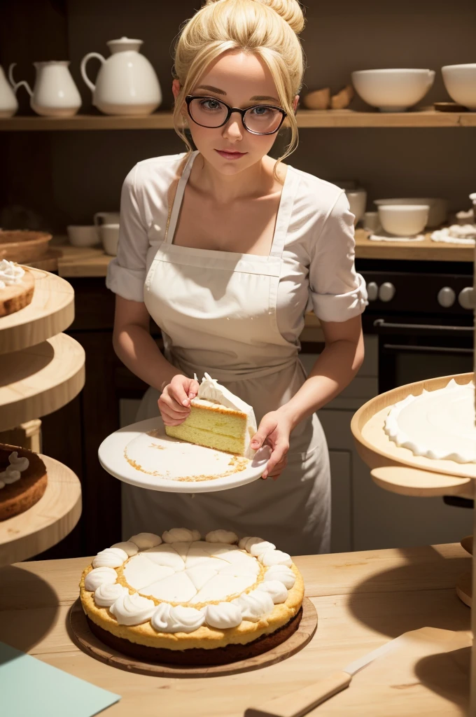 Pastry chef in her studio producing a cake. Blonde with glasses in a confectioner's cap and donut with fue pastry items and spatula in her hand