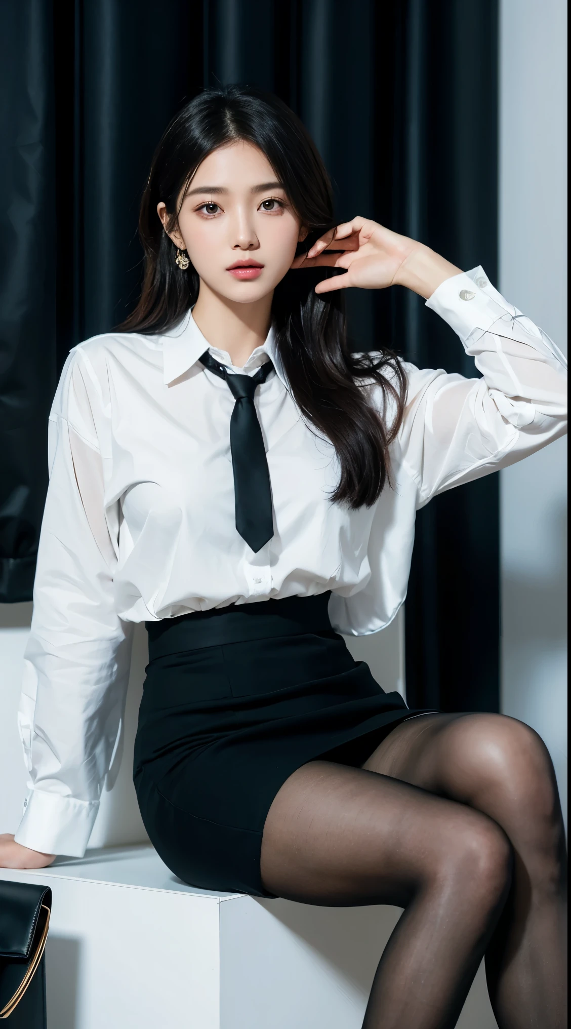 Elegant upper class elite secretary wearing business shirt, work in the office、엄격한 비즈니스 wearing a suit, Wear pantyhose、Wear quality heels、 girl wearing shirt, wearing a suit, wearing a suit, wearing a suit, merchant, business clothes, wearing a black suit, Wear a shirt and skirt, woman in suit, business attire, business attire, raw photo, (8K、top quality、masterpiece:1.2)、(intricate details:1.4)、(realistic:1.4)、octane rendering、Highly detailed representation of complex 3D renderings, studio soft light, rim light, vivid details, super detailing, realistic skin texture, detailed production, Beautiful eye for detail, Highly detailed CG Unity 16k wallpaper, assembly, (detailed background:1.2), naked to thighs!!!,
