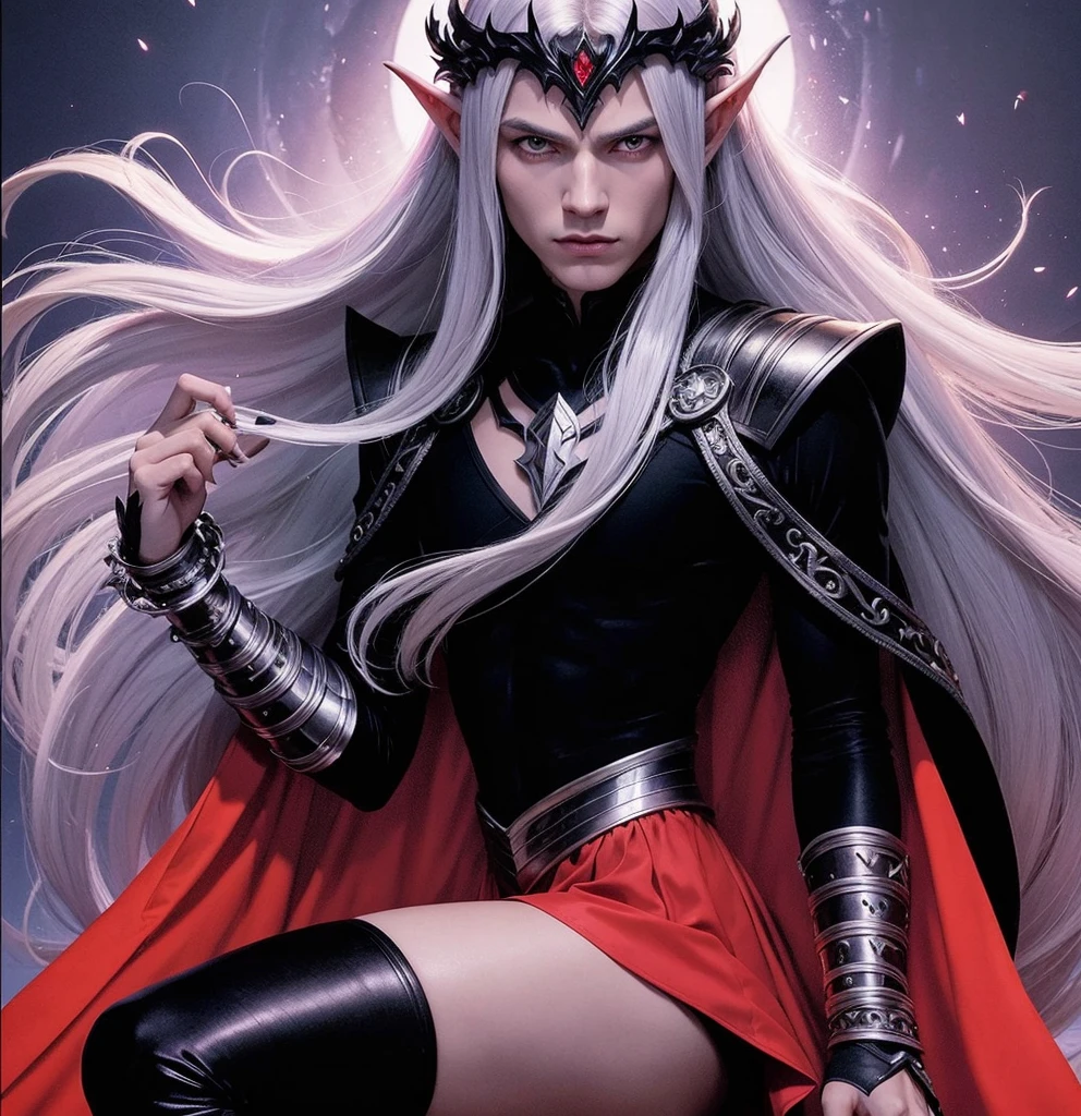 American classic comic book art: Malekith, lilac delicate dark young man with lilac skin, long very straight platinum hair, black tiara with a pointed on the forehead, half black half red elf wizard outfit medieval, metal shoulder pads, metal bracelets, black stockings, beautiful thighs, very young face boy evil eyes, black nails, violet energy, red skirt, delicate body boy, hal black tight t-shirt, Marvel Malekith, half red outfit, villain classic comic book